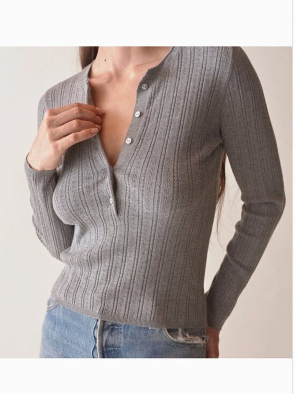 Doen Light Gray Ribbed Button-Front Top